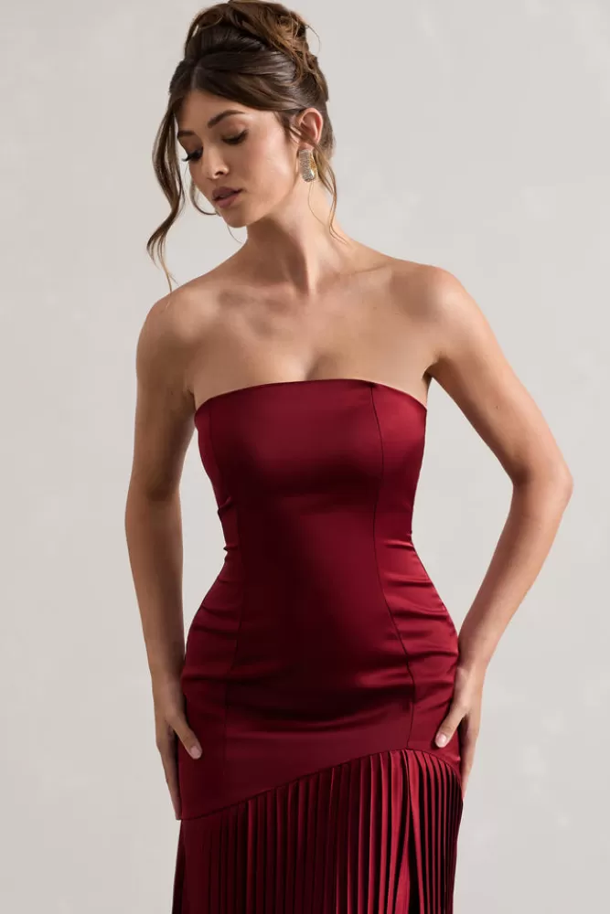 Club L London Confidence | Abito Midi Satin Spalline Sottili con Spacco Laterale e Dettaglio Plissettato - Borgogna, Prezzo Speciale