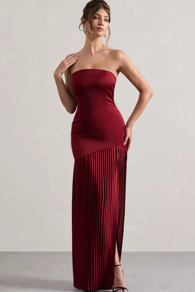Club L London Confidence | Abito Midi Satin Spalline Sottili con Spacco Laterale e Dettaglio Plissettato - Borgogna, Prezzo Speciale