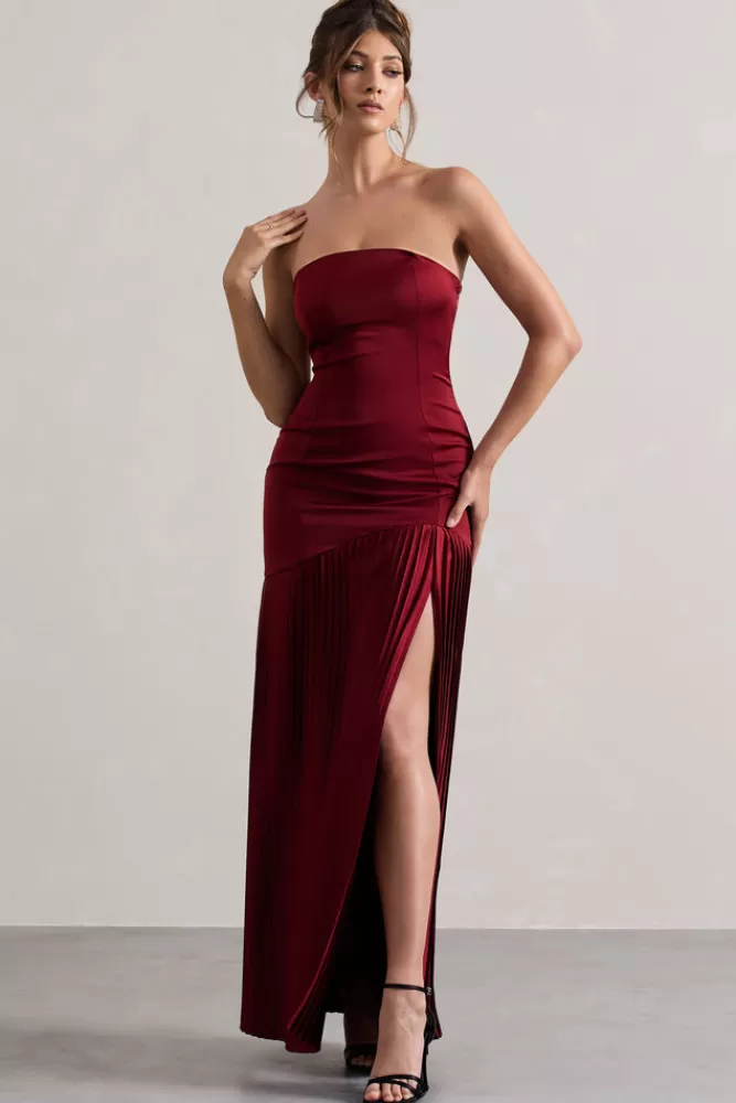 Club L London Confidence | Abito Midi Satin Spalline Sottili con Spacco Laterale e Dettaglio Plissettato - Borgogna, Prezzo Speciale