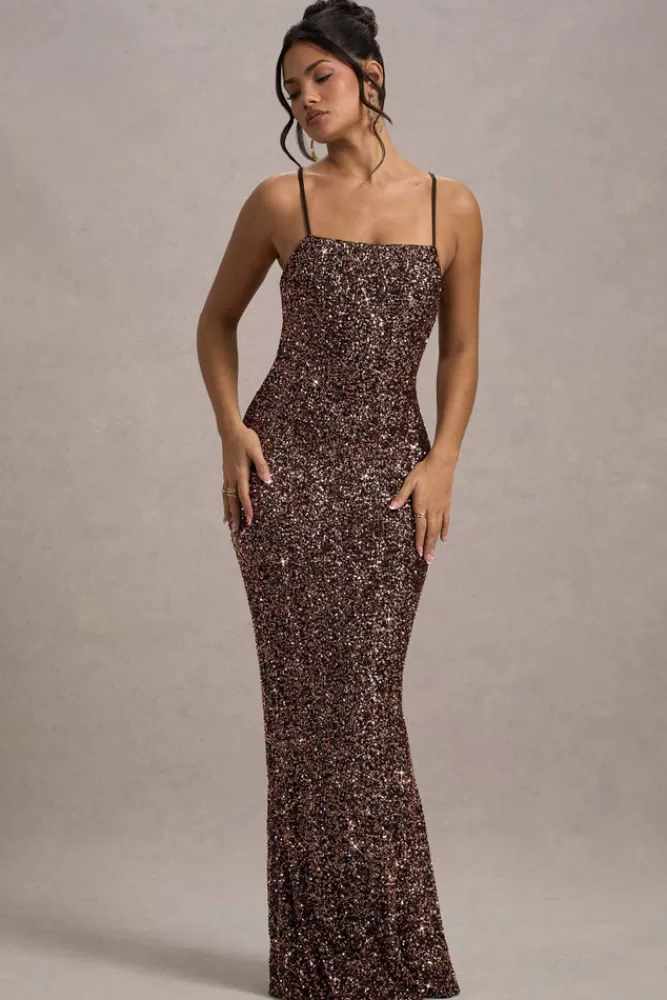 Club L London Cosmic - Abito Lungo Elegante con Paillettes e Spalline Sottili, Scollatura Quadrata - Bronzo in Promozione Esclusiva