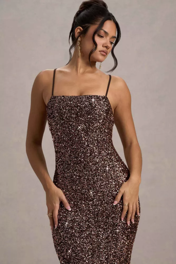 Club L London Cosmic - Abito Lungo Elegante con Paillettes e Spalline Sottili, Scollatura Quadrata - Bronzo in Promozione Esclusiva