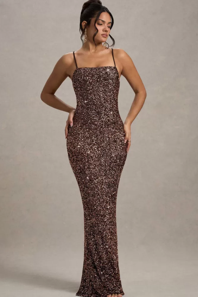 Club L London Cosmic - Abito Lungo Elegante con Paillettes e Spalline Sottili, Scollatura Quadrata - Bronzo in Promozione Esclusiva