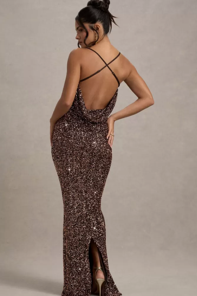 Club L London Cosmic - Abito Lungo Elegante con Paillettes e Spalline Sottili, Scollatura Quadrata - Bronzo in Promozione Esclusiva