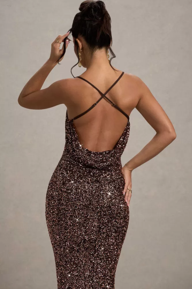Club L London Cosmic - Abito Lungo Elegante con Paillettes e Spalline Sottili, Scollatura Quadrata - Bronzo in Promozione Esclusiva