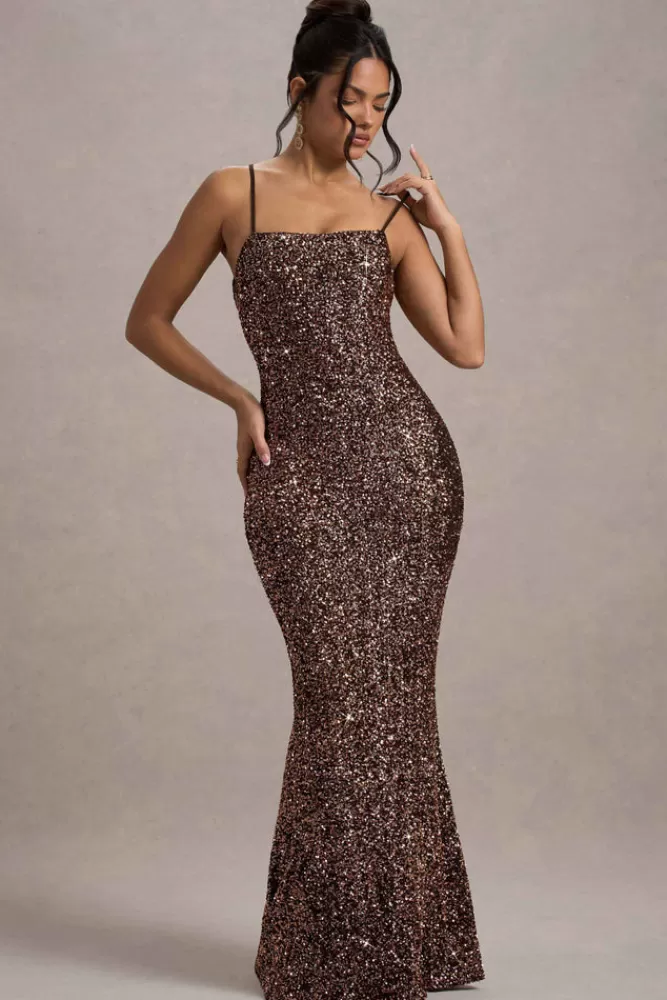 Club L London Cosmic - Abito Lungo Elegante con Paillettes e Spalline Sottili, Scollatura Quadrata - Bronzo in Promozione Esclusiva