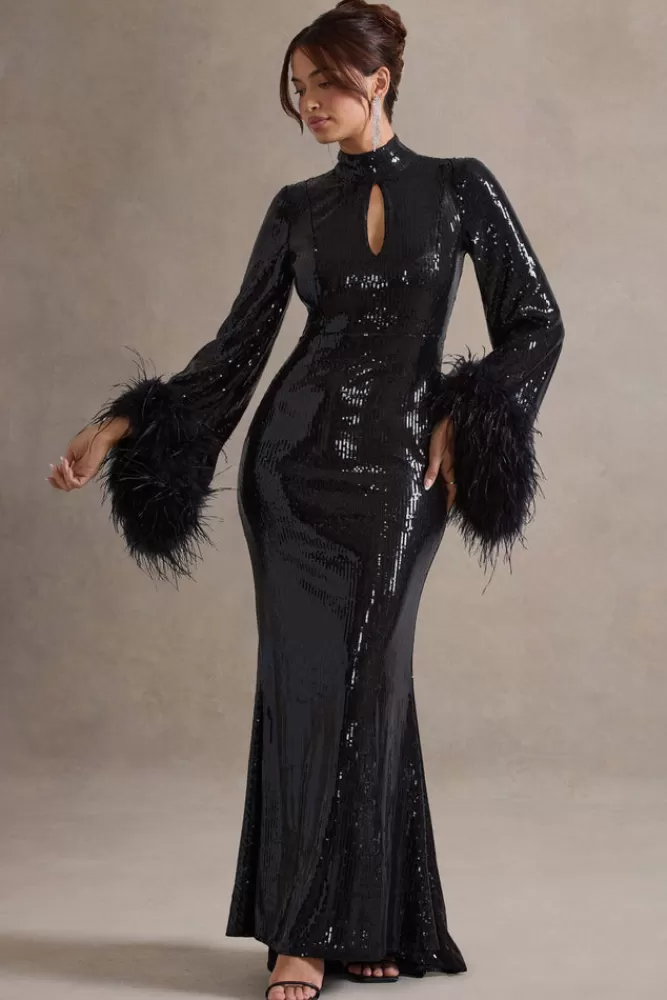 Abito Longevo Cosmic Star con Scollo Alto e Bordi in Piume - Vestito Nero Paillettes di Club L London in Promozione