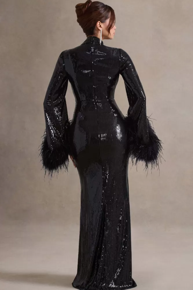 Abito Longevo Cosmic Star con Scollo Alto e Bordi in Piume - Vestito Nero Paillettes di Club L London in Promozione