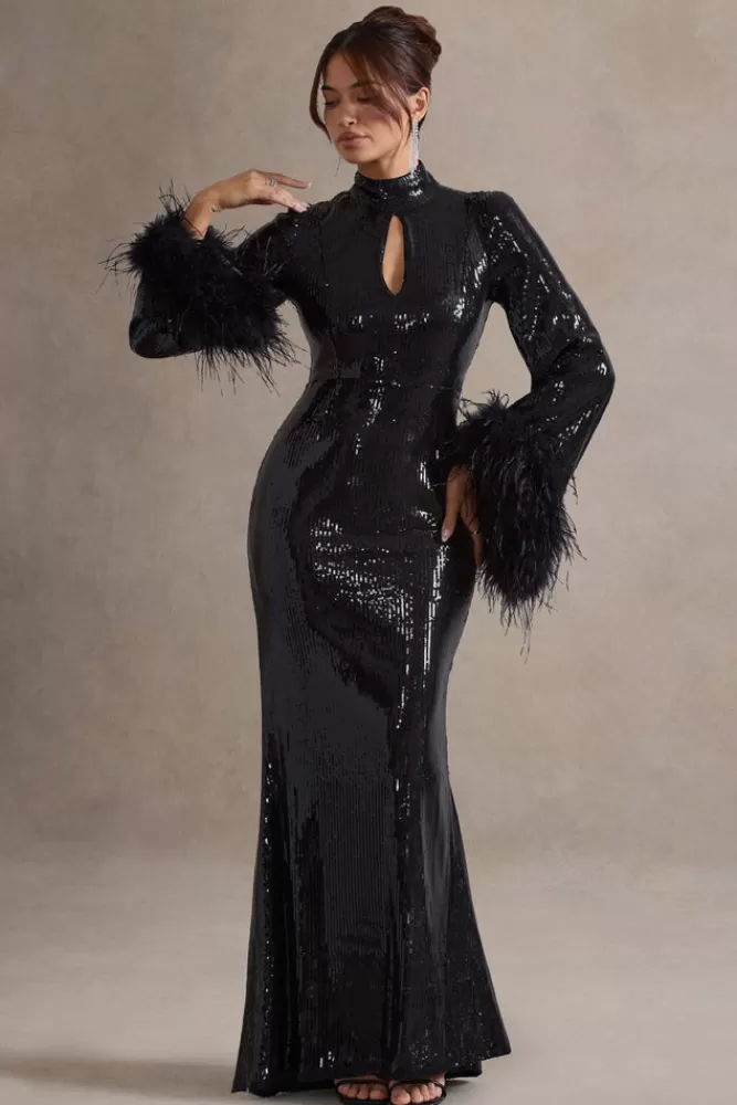 Abito Longevo Cosmic Star con Scollo Alto e Bordi in Piume - Vestito Nero Paillettes di Club L London in Promozione