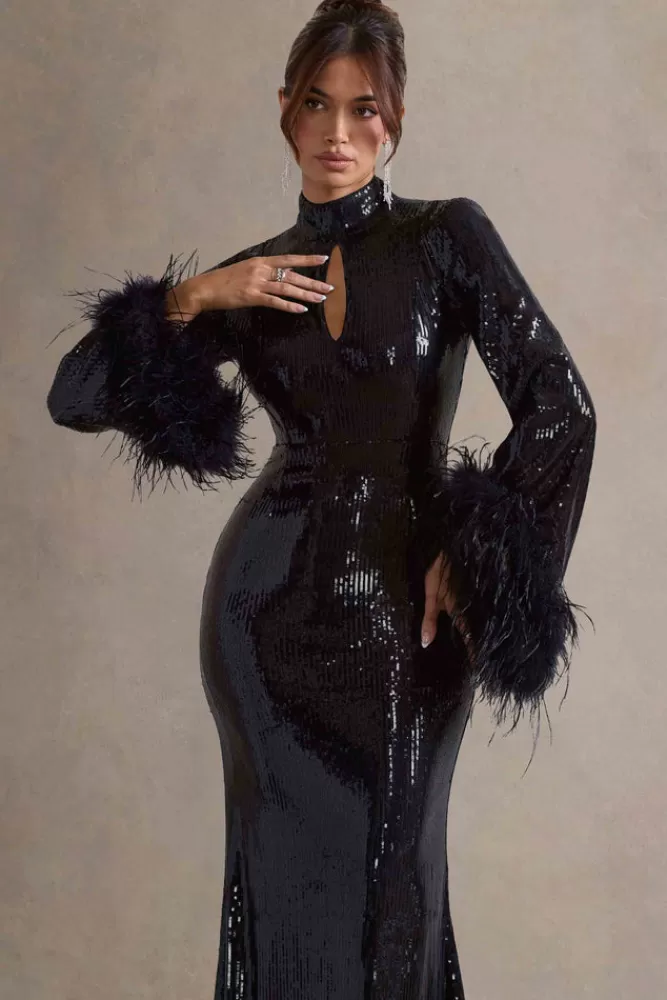 Abito Longevo Cosmic Star con Scollo Alto e Bordi in Piume - Vestito Nero Paillettes di Club L London in Promozione