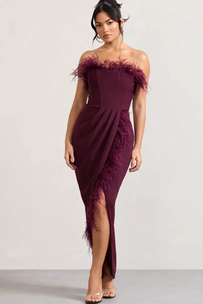 Vestito Lungo Scollato Bandeau con Piume Decorazioni e Corpetto - Abito Elegante con Spacco Laterale in Borgogna | Club L London Modello Cosmo