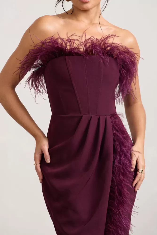 Vestito Lungo Scollato Bandeau con Piume Decorazioni e Corpetto - Abito Elegante con Spacco Laterale in Borgogna | Club L London Modello Cosmo