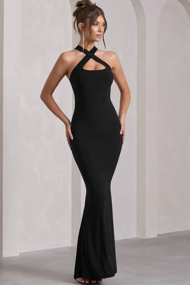 Club L London Abito Maxi Scollo Incrociato Senza Maniche - Vestito Lungo Elegante in Nero con Dettagli di Qualità e Stile Ricercato