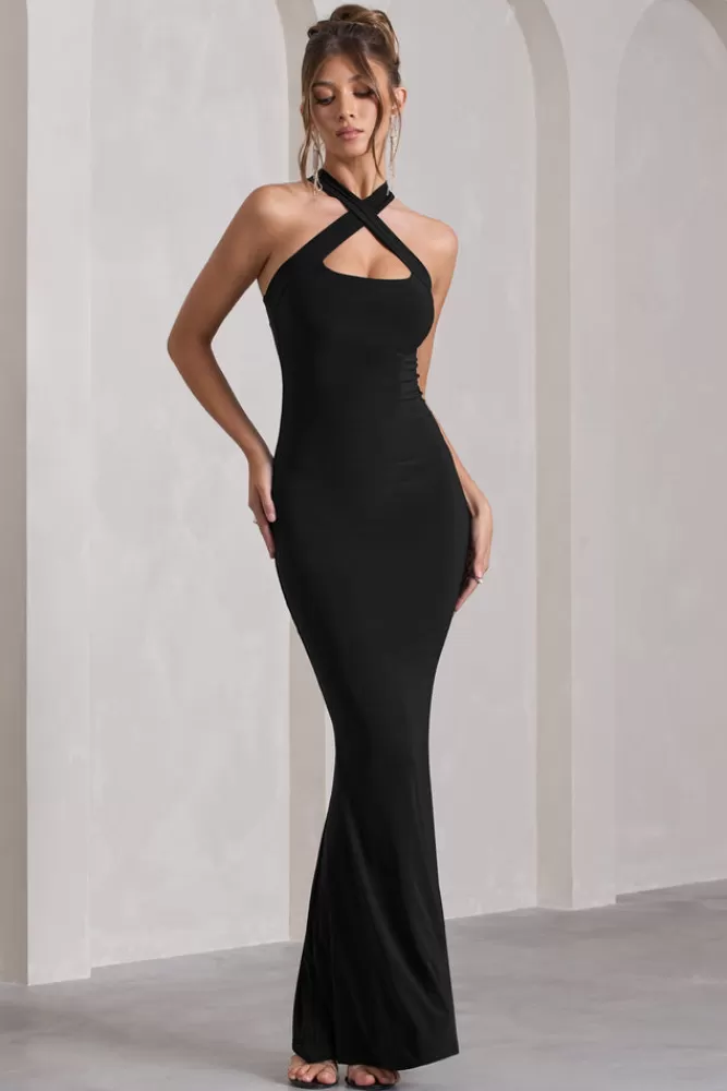 Club L London Abito Maxi Scollo Incrociato Senza Maniche - Vestito Lungo Elegante in Nero con Dettagli di Qualità e Stile Ricercato