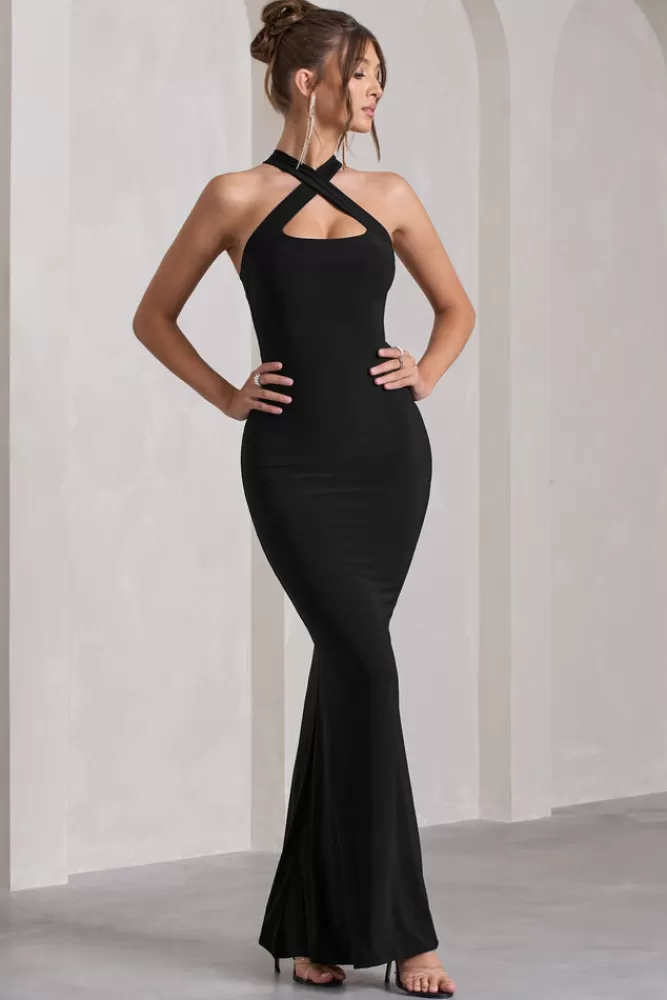 Club L London Abito Maxi Scollo Incrociato Senza Maniche - Vestito Lungo Elegante in Nero con Dettagli di Qualità e Stile Ricercato