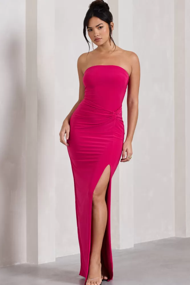 Club L London Dawning - Abito Lungo con Spacco e Nodo Bandeau in Rosa Shock | Edizione Limitata Promozionale