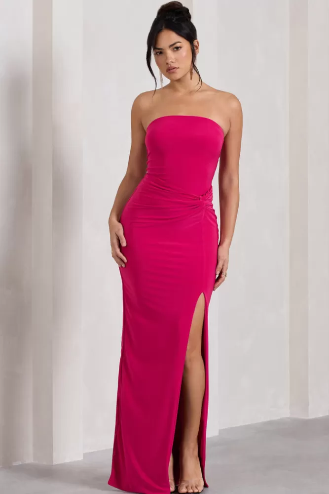 Club L London Dawning - Abito Lungo con Spacco e Nodo Bandeau in Rosa Shock | Edizione Limitata Promozionale