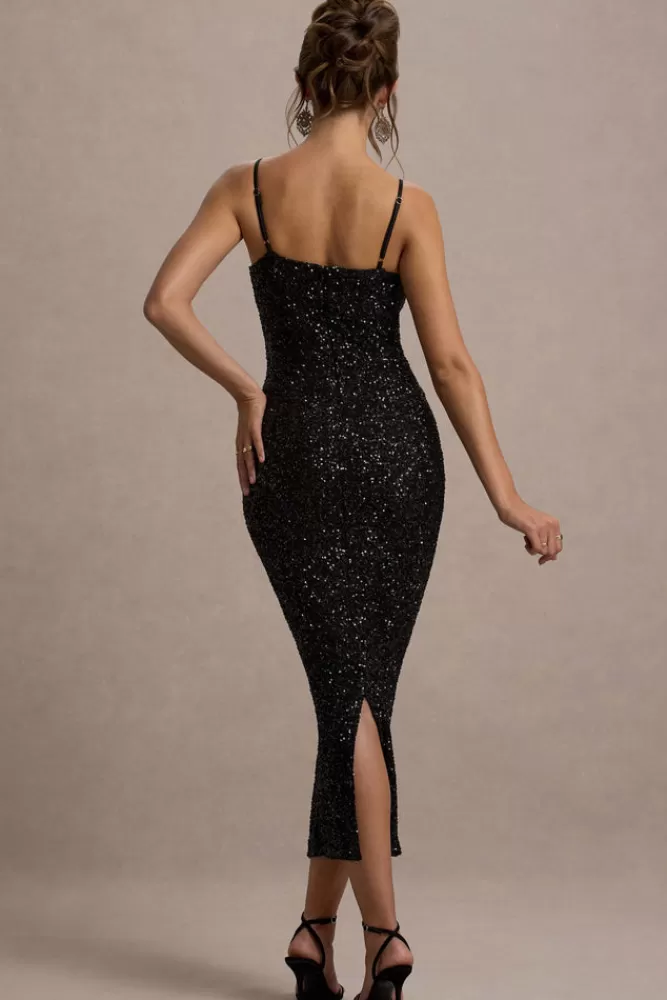 Offerta Lampo: Club-L London Stupisci con il Glamour - Abito Elegante in Paillettes con Spalline Sottili, Taglio Adatto Corpo Nero Assoluto