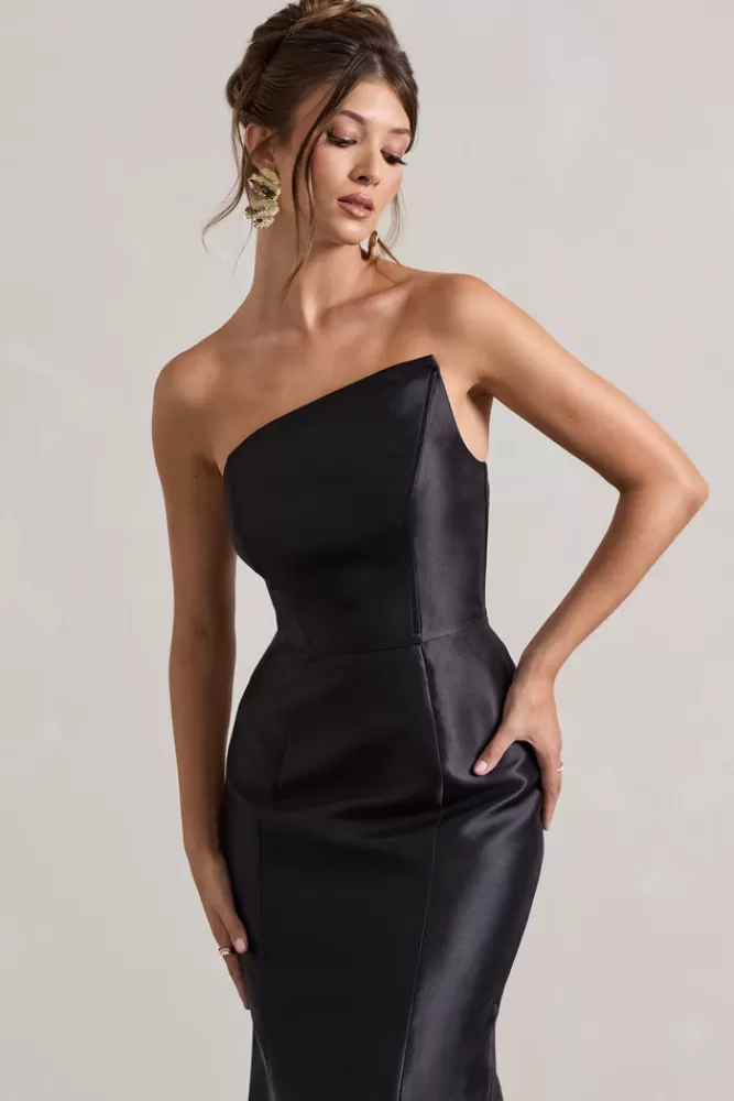 Abito in Seta con Scollo Asimmetrico e Linea a Coda di Sirena - Nero Elegante da Sera | Club L London