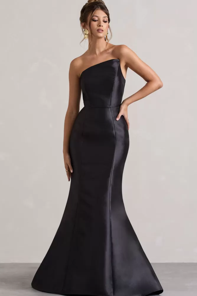 Abito in Seta con Scollo Asimmetrico e Linea a Coda di Sirena - Nero Elegante da Sera | Club L London