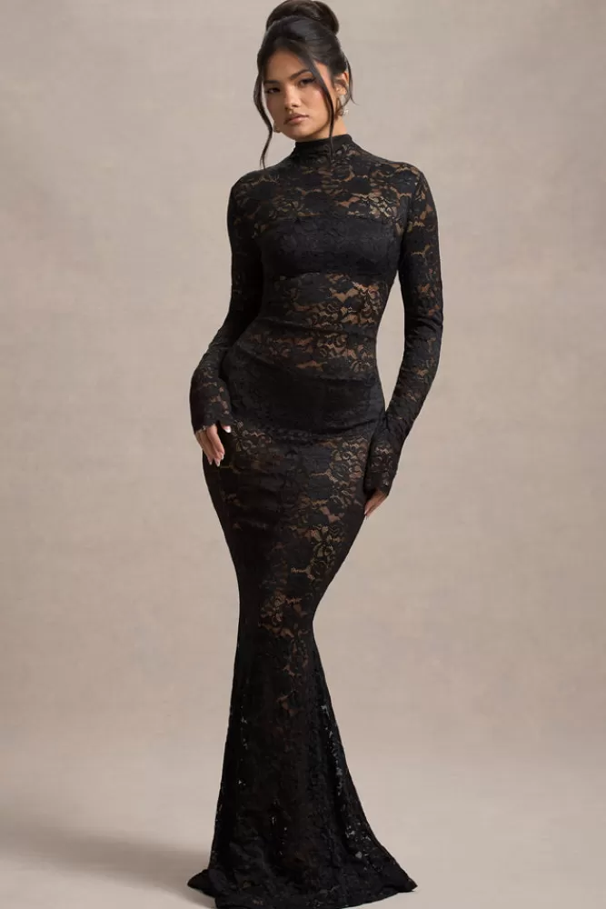 Club L London - Delevingne Collection | Abito Longuette in Pizzo Trasparente con Maniche Lunghe - Nero Assoluto in Promozione Esclusiva