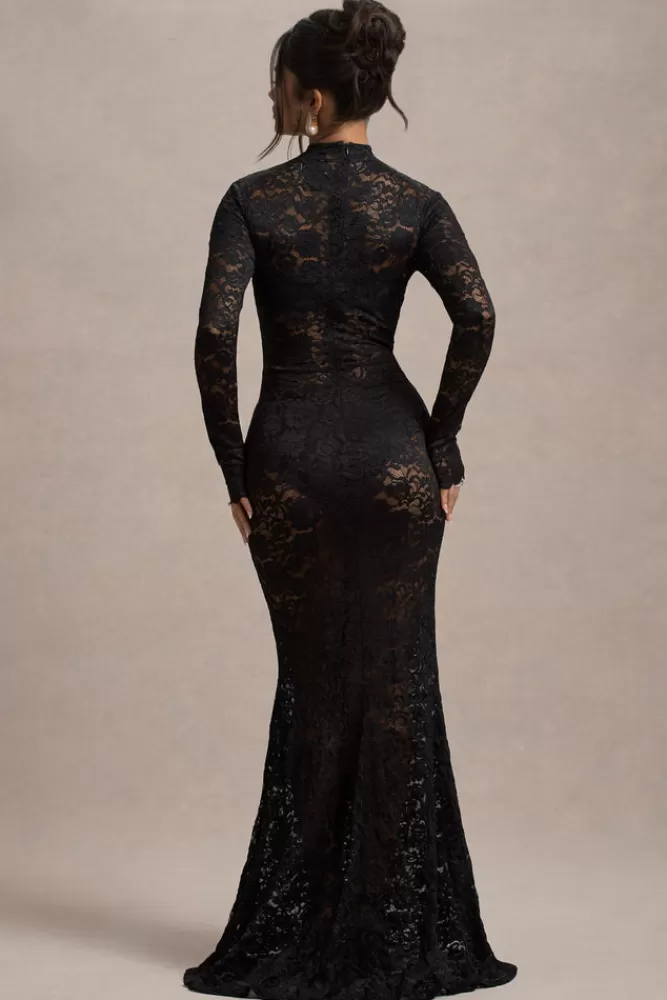 Club L London - Delevingne Collection | Abito Longuette in Pizzo Trasparente con Maniche Lunghe - Nero Assoluto in Promozione Esclusiva