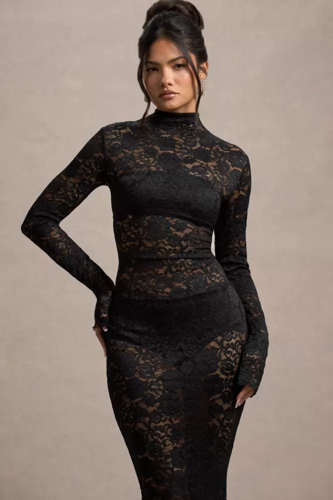 Club L London - Delevingne Collection | Abito Longuette in Pizzo Trasparente con Maniche Lunghe - Nero Assoluto in Promozione Esclusiva