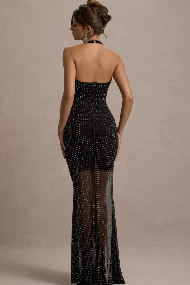Club L London Diaz - Abito Lungo Elegante con Scollo Drappeggiato e Ricami Preziosi, Spacco Laterale - Nero - In Offerta Imperdibile