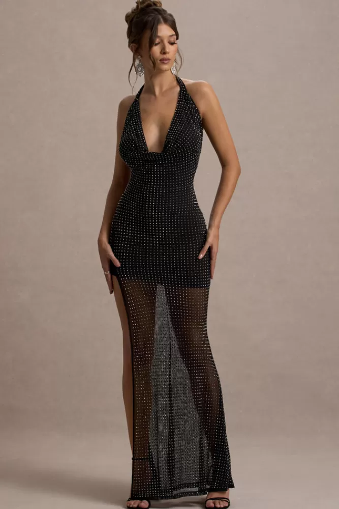 Club L London Diaz - Abito Lungo Elegante con Scollo Drappeggiato e Ricami Preziosi, Spacco Laterale - Nero - In Offerta Imperdibile