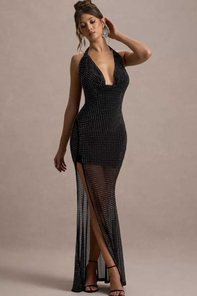 Club L London Diaz - Abito Lungo Elegante con Scollo Drappeggiato e Ricami Preziosi, Spacco Laterale - Nero - In Offerta Imperdibile