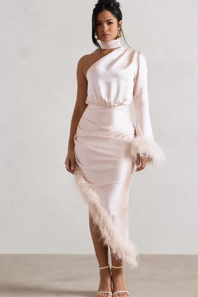 Abito Elegante in Raso Asimmetrico con Piume - Vestito Lungo a Una Manica Club L London - Edizione Speciale Champagne 

(：，。、、，。)