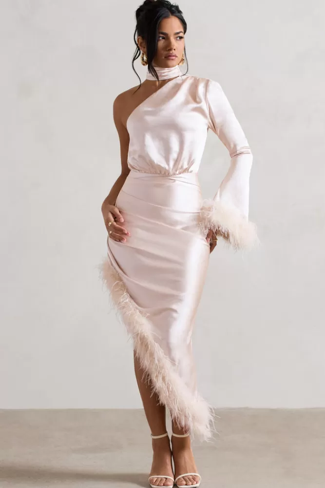 Abito Elegante in Raso Asimmetrico con Piume - Vestito Lungo a Una Manica Club L London - Edizione Speciale Champagne 

(：，。、、，。)