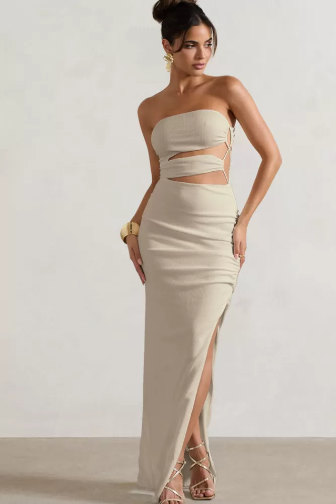 Abito Maxi Club L London - Bandeau in Tessuto Strutturato con Scollature Strategiche e Spacco Laterale, Tonalità Ecru - Design Elegante per un Look Unico