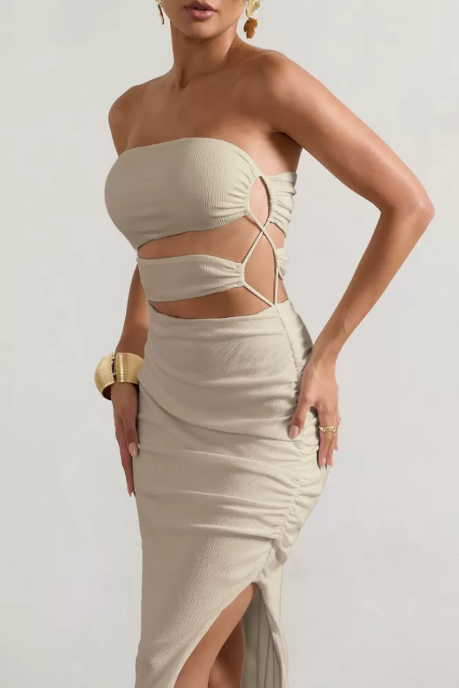 Abito Maxi Club L London - Bandeau in Tessuto Strutturato con Scollature Strategiche e Spacco Laterale, Tonalità Ecru - Design Elegante per un Look Unico