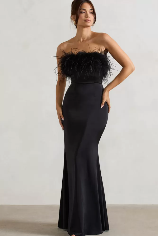 Abito Longuette Elegante in Satin con Piume - Nero | Abito Da Sera Club L | Offerta Esclusiva Imperdibile!