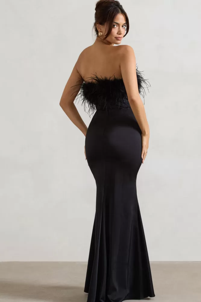 Abito Longuette Elegante in Satin con Piume - Nero | Abito Da Sera Club L | Offerta Esclusiva Imperdibile!