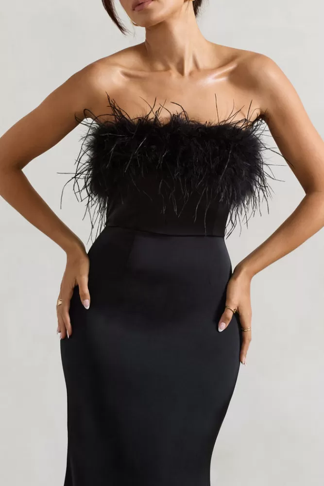 Abito Longuette Elegante in Satin con Piume - Nero | Abito Da Sera Club L | Offerta Esclusiva Imperdibile!