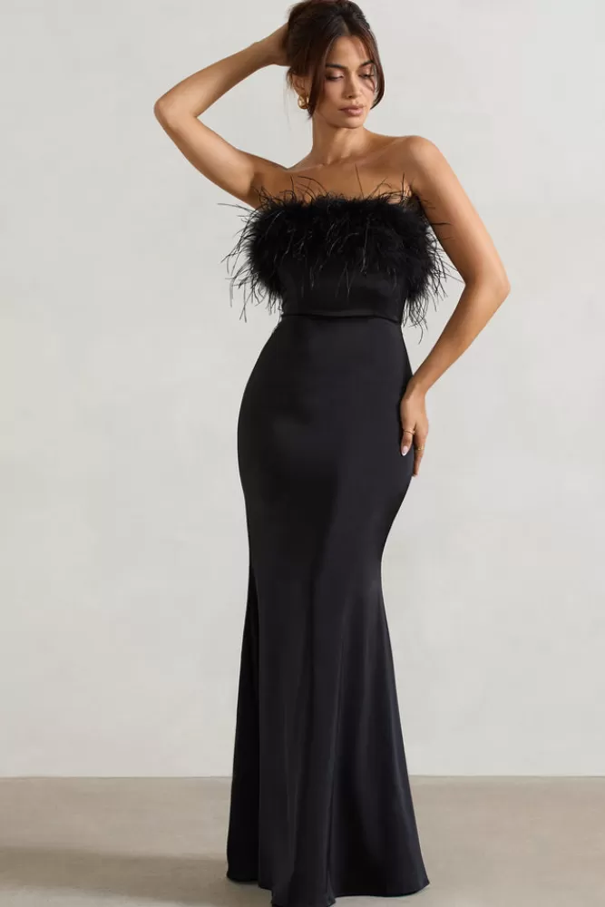Abito Longuette Elegante in Satin con Piume - Nero | Abito Da Sera Club L | Offerta Esclusiva Imperdibile!