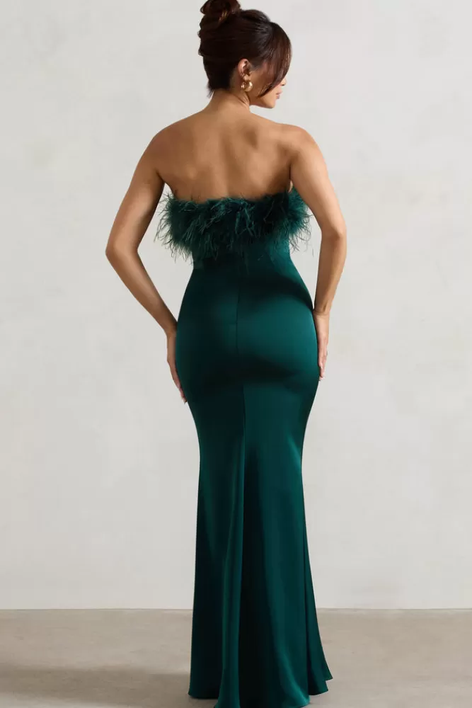 Club L London | Abito Midi in Raso Smeraldo con Decorazione Piume - Eleganza Senza Tempo Confezione Pregiata 

(：