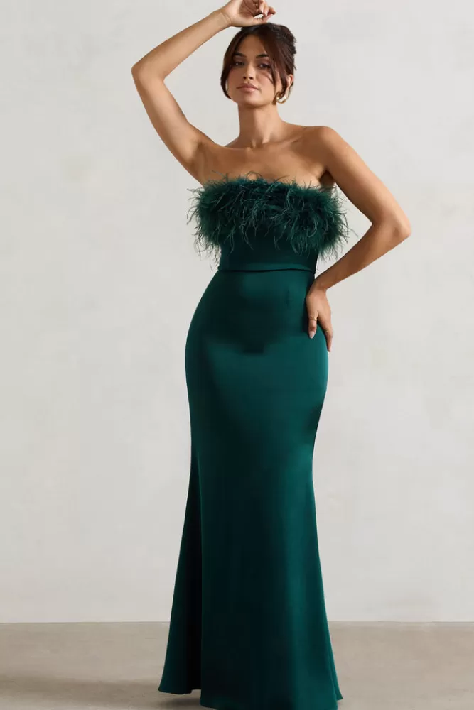 Club L London | Abito Midi in Raso Smeraldo con Decorazione Piume - Eleganza Senza Tempo Confezione Pregiata 

(：
