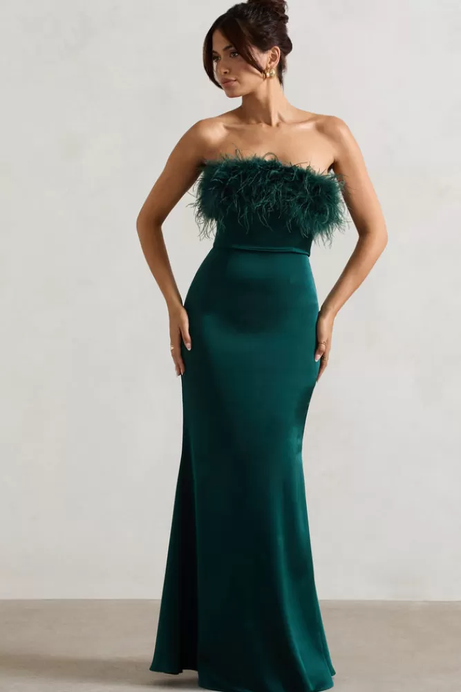 Club L London | Abito Midi in Raso Smeraldo con Decorazione Piume - Eleganza Senza Tempo Confezione Pregiata 

(：