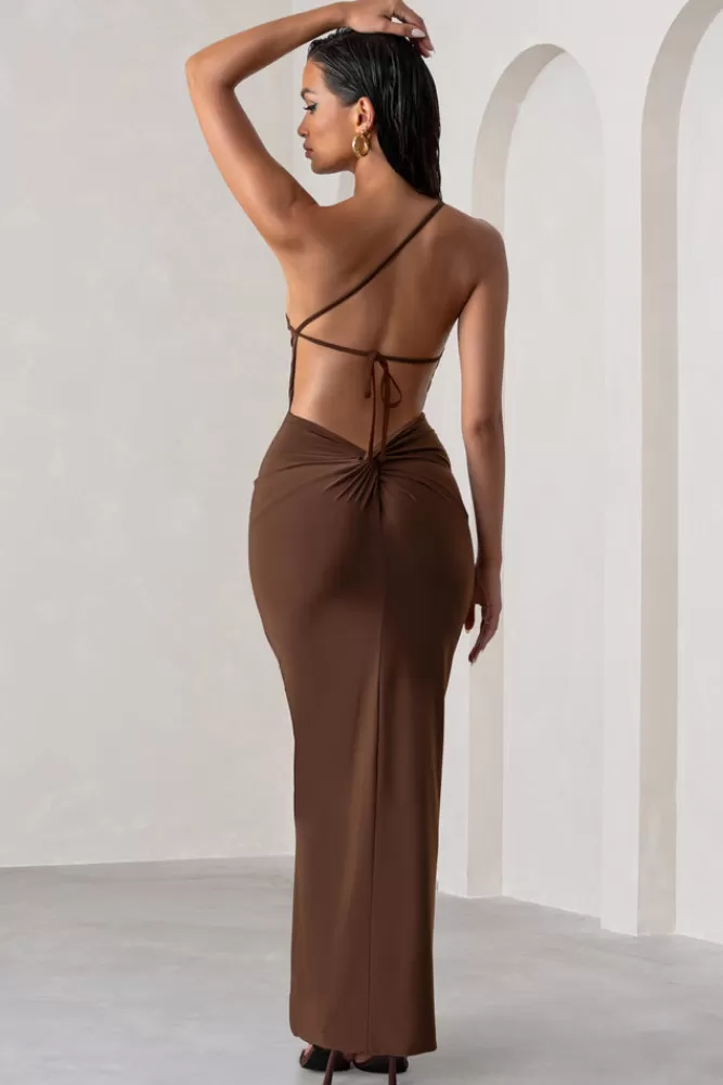Abito Elegante Club L London - Lunghissimo Monospalla con Dettaglio Schiena Aperta in Tonalità Cioccolato - Prezzo Accessibile