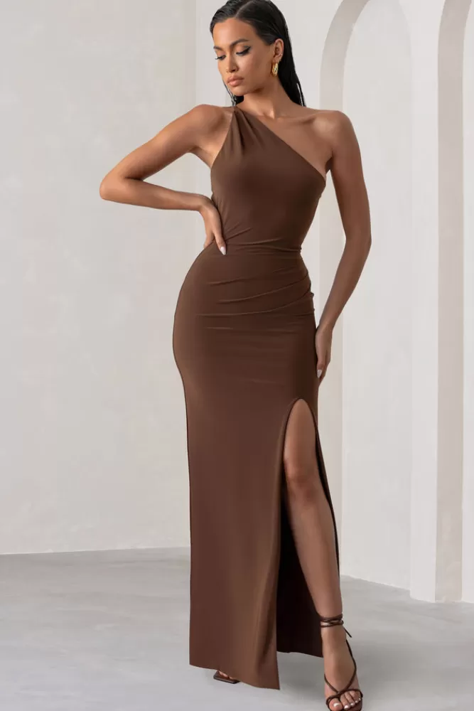 Abito Elegante Club L London - Lunghissimo Monospalla con Dettaglio Schiena Aperta in Tonalità Cioccolato - Prezzo Accessibile