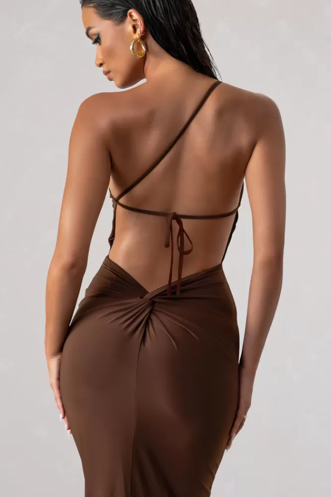 Abito Elegante Club L London - Lunghissimo Monospalla con Dettaglio Schiena Aperta in Tonalità Cioccolato - Prezzo Accessibile