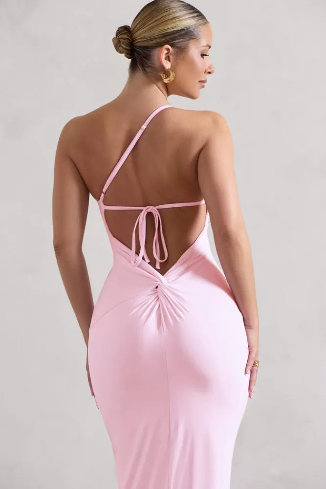 Abito da Sera Club L London - Spalla Singola in Tulle Rosa con Schiena Scallopata, Abito Lungo Elegante con Dettaglio Tulle Online