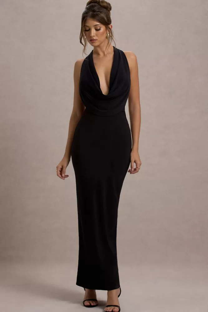Club L Londra Edessa - Abito Midi con Scollo Profondo Nero, Vestito Elegante da Sera con Spaccatura Laterale
