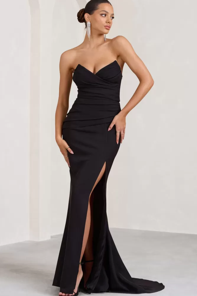 Club L Londra | Abito Lungo plissettato con spacco e coda di sirena - Nero elegante per look serali