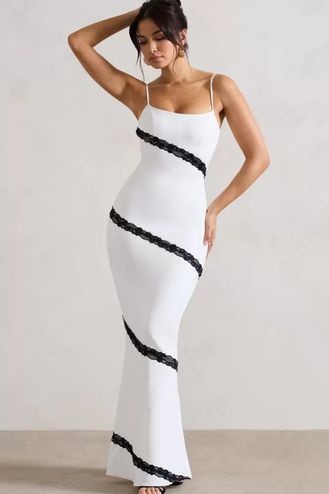 Abito lungo Elizabeth di Club L London con dettagli in pizzo e spalline sottili - Versione bianca e nera in promozione speciale