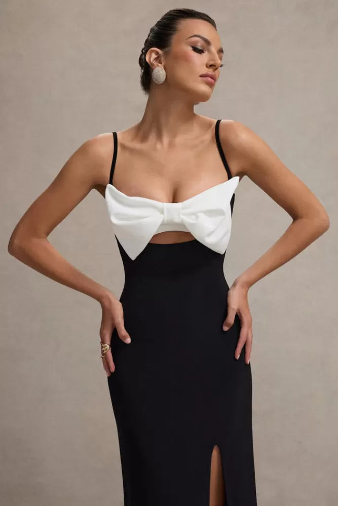 Club L London Emmalou - Abito Longuette Elegante con Spaccatura Laterale, Reggispalle e Dettaglio a Fiocco in Bianco e Nero - Edizione Speciale