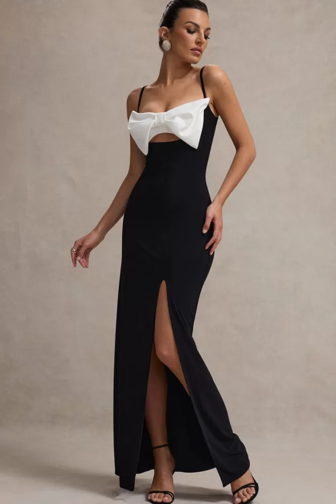 Club L London Emmalou - Abito Longuette Elegante con Spaccatura Laterale, Reggispalle e Dettaglio a Fiocco in Bianco e Nero - Edizione Speciale