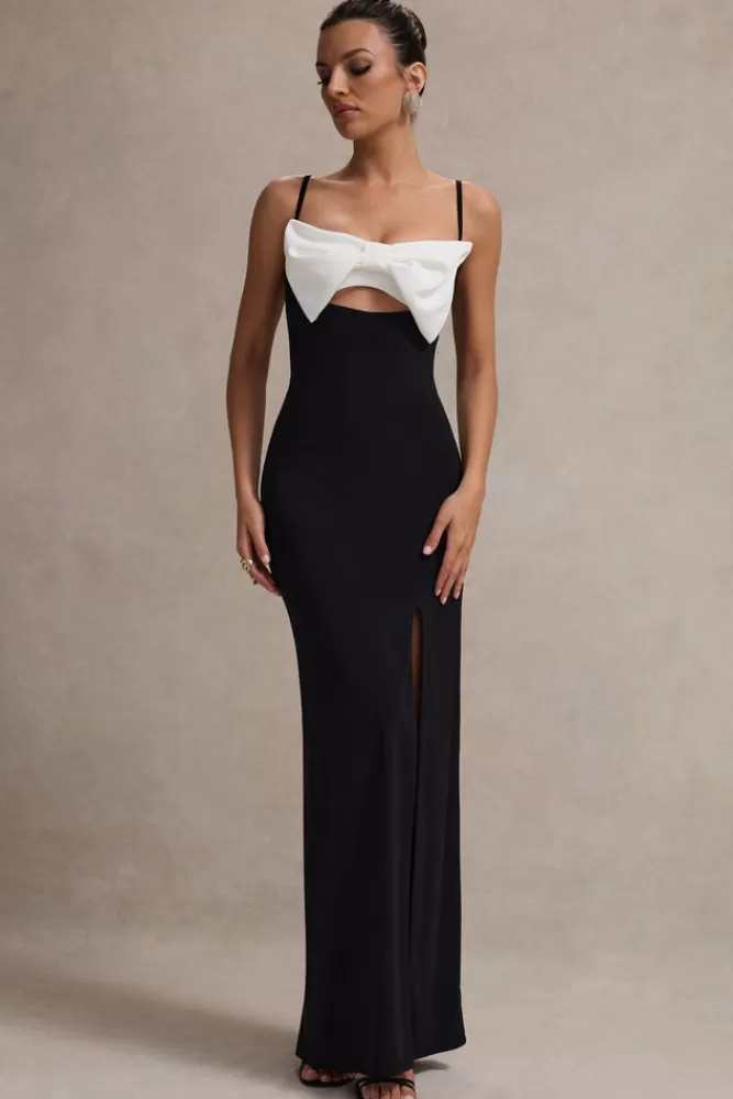 Club L London Emmalou - Abito Longuette Elegante con Spaccatura Laterale, Reggispalle e Dettaglio a Fiocco in Bianco e Nero - Edizione Speciale
